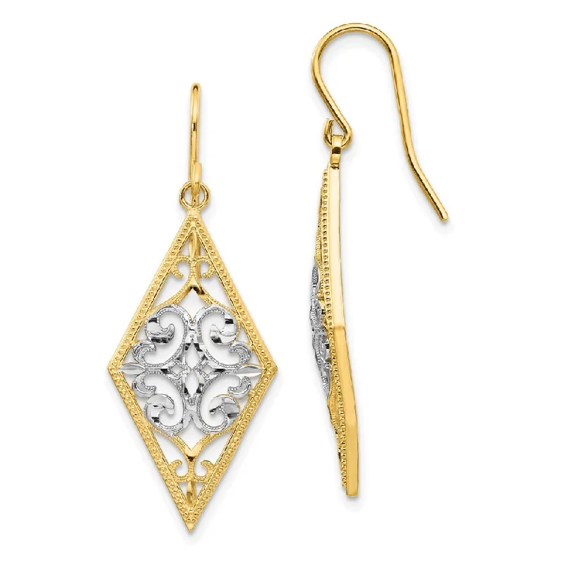 Best hoop earrings with intricate beaded details for a textured, stylish appearance-14k Yellow and White Gold Diamond Shape Filigree Drop Dangle Earrings (L-39 mm, W-14 mm)