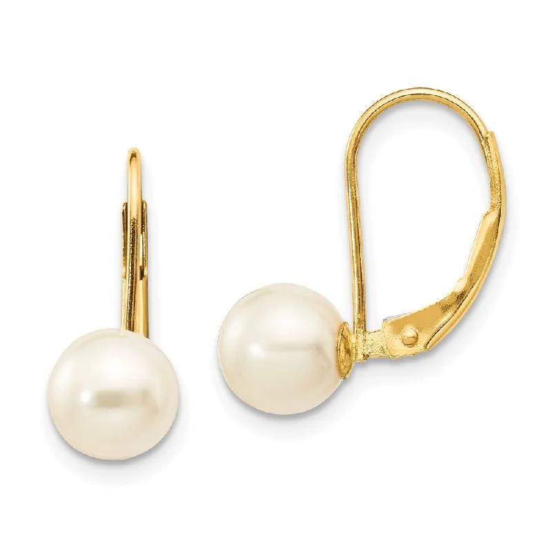 Hoop earrings with intricate designs for a unique and artistic appearance-14k Yellow Gold 6-7mm Pearl Lever back Earrings (L-19 mm, W-6.5 mm)