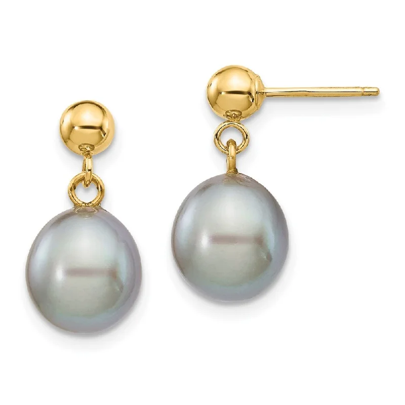 Hoop earrings with rhinestone-studded rims for a glamorous touch-14k Yellow Gold 8-9mm Grey Pearl Dangle Earrings (L-18 mm, W-8.5 mm)