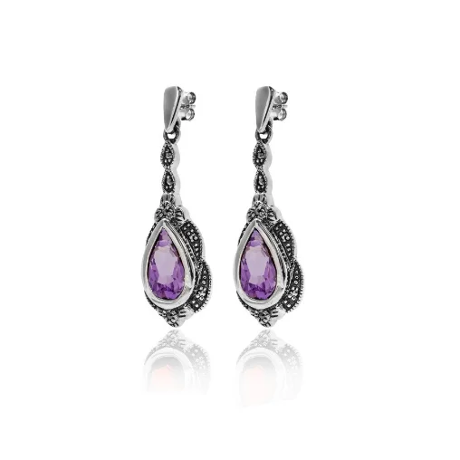 Best hoop earrings with stacked layers for a dimensional and bold look-Amethyst Drop Marcasite Earrings