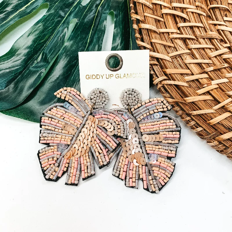 Hoop earrings with artistic filigree designs for an intricate, delicate finish-Beaded Palm Leaf Statement Earrings in Blush