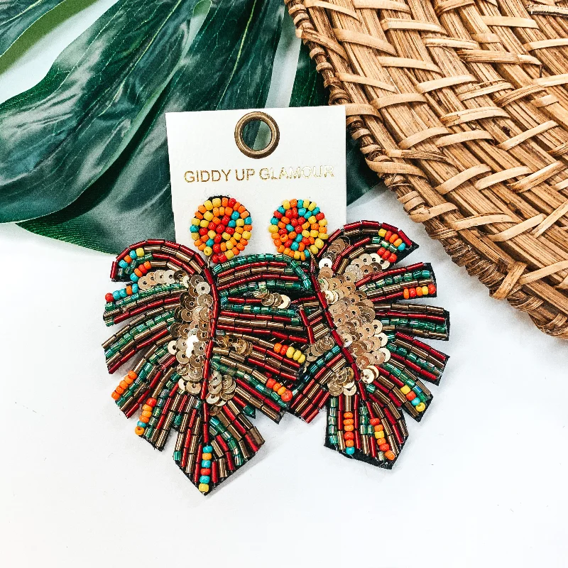 Best hoop earrings with asymmetrical designs for a fashion-forward, avant-garde look-Beaded Palm Leaf Statement Earrings in Multi