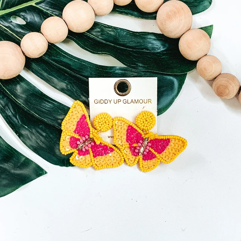 Hoop earrings with gold accents for a warm, elegant statement piece-Beautiful as a Butterfly Earrings in Yellow/Pink