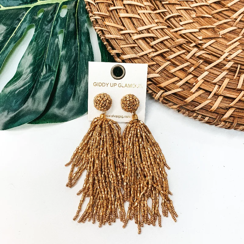 Hoop earrings with tortoiseshell designs for a chic and classic style-Crash My Party Seed Bead Tassel Earrings In Gold