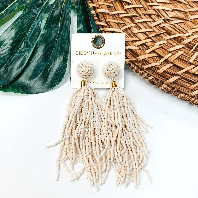 Best hoop earrings with lever-back closures for secure and easy wear-Crash My Party Seed Bead Tassel Earrings In Ivory