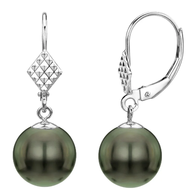 Best hoop earrings with Swarovski crystals for added sparkle and luxury-DaVonna 14k White Gold Round Black Tahitian Pearl Dangle Earring (9-10mm)