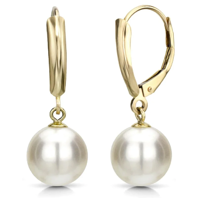 Best hoop earrings with minimal embellishments for a sleek and modern look-DaVonna 14k Yellow Gold White Round Freshwater Pearl Leverback Dangle Earring.