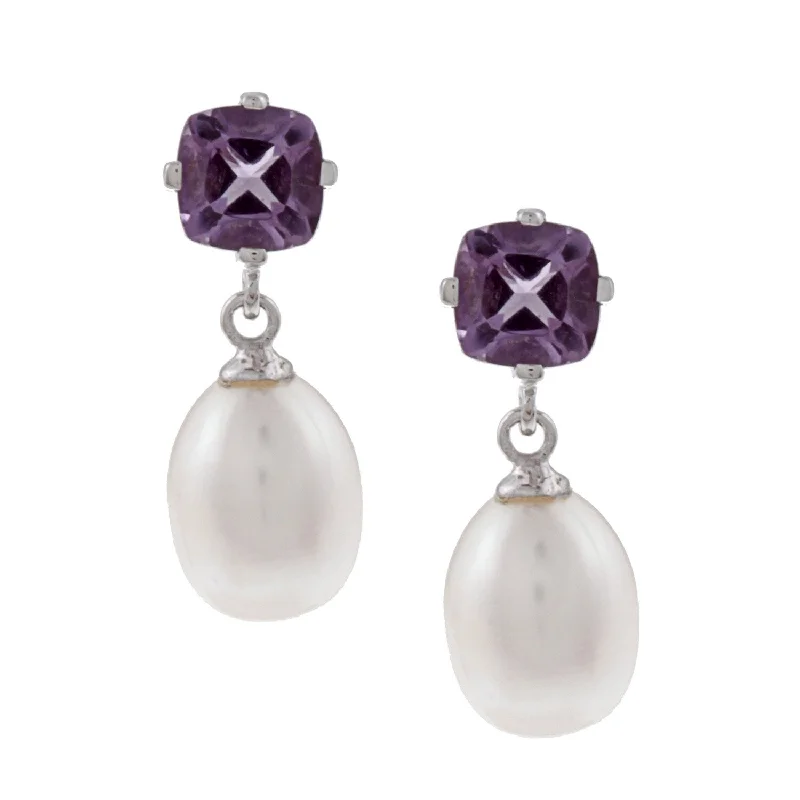 Best hoop earrings with gold-plated finishes for an affordable luxury vibe-DaVonna Silver FW Pearl and Amethyst Dangle Earring (8-8.5 mm)