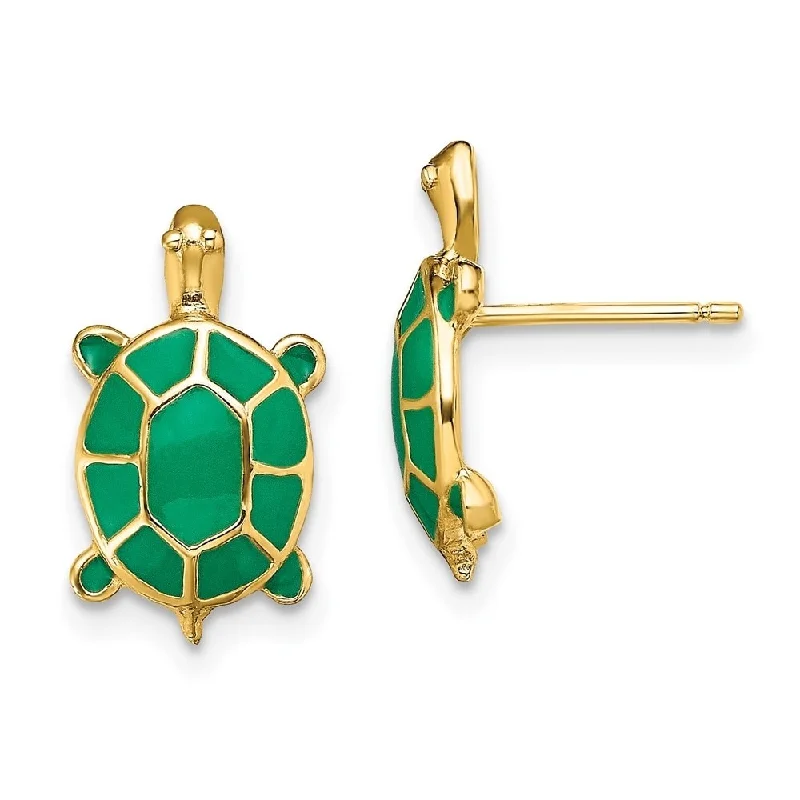 Best hoop earrings with angel wing accents for a spiritual and meaningful design-Diamond2Deal 14K Yellow Gold LAND TURTLE GREEN ENAMEL SHELL EARRING (L-15.15 mm, W-8.8 mm)