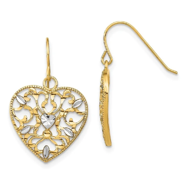 Hoop earrings with hearts for a sweet and romantic gesture-Diamond2Deal 14K Yellow Gold RH and Filigree Cut-Out Heart Wire Earrings (L-24 mm, W-15.5 mm)