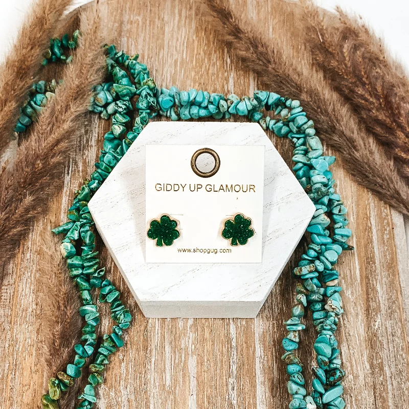 Hoop earrings with twisted leather for a chic and modern boho look-Druzy Four Leaf Clover Post Earrings in Green