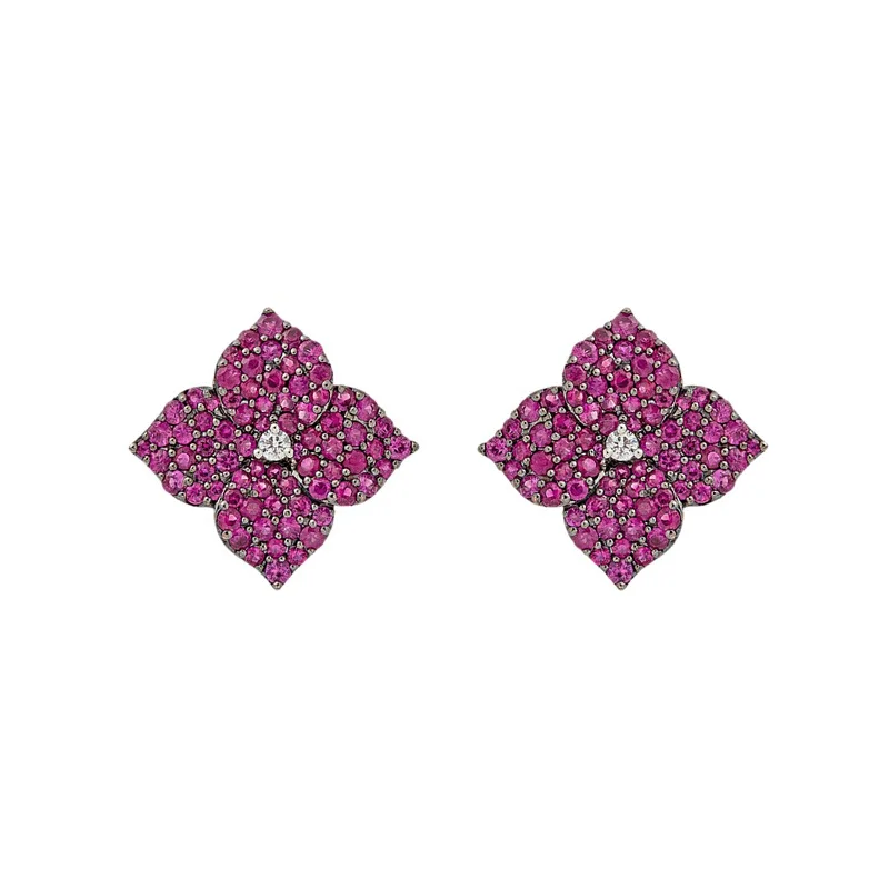 Hoop earrings with dangling charms for a playful and fun look-Small Mosaique Flower Earrings in Deep Pink Sapphire