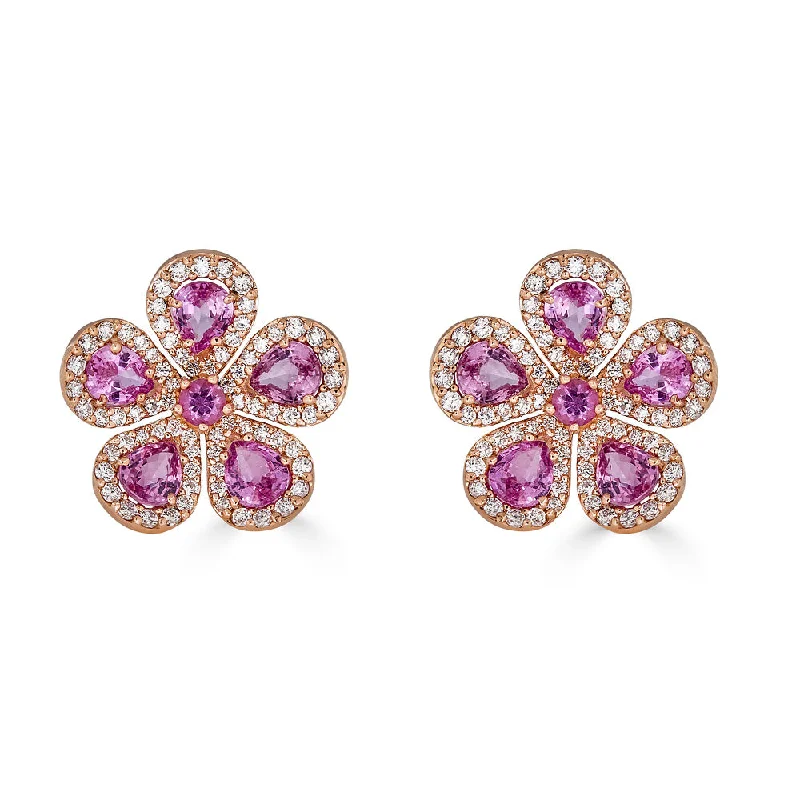 Hoop earrings with hearts for a sweet and romantic gesture-Pink Sapphire & Diamond Classic Flower Earrings