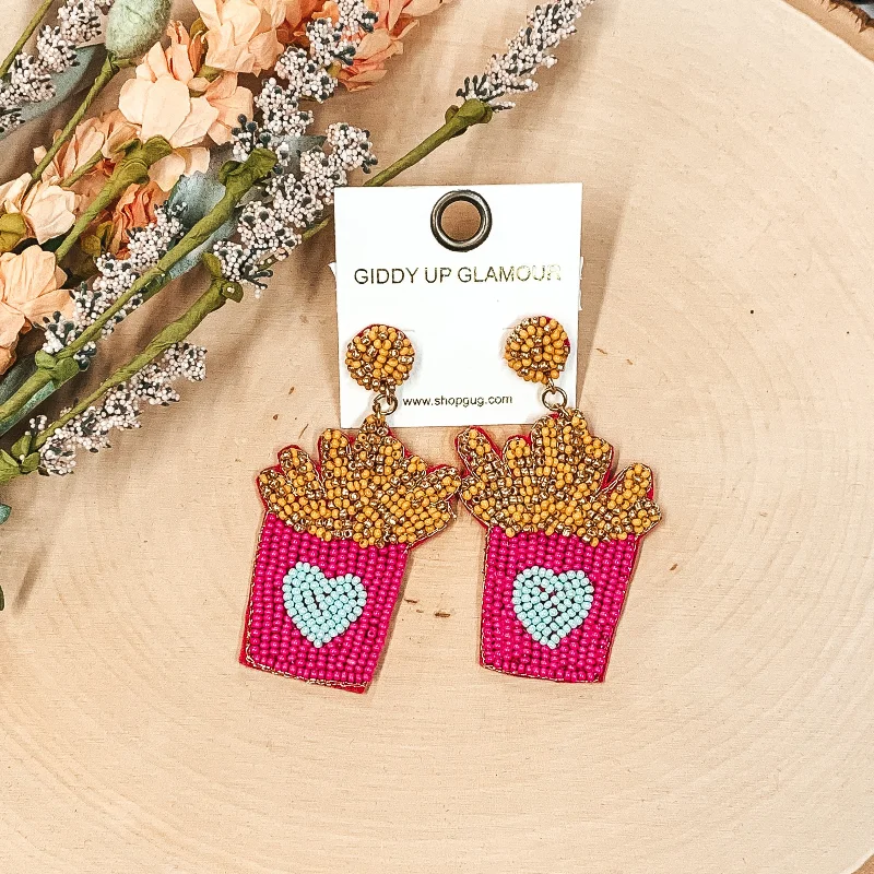 Hoop earrings with enamel stripes for a colorful and eye-catching design-Good Enough to Eat French Fry Beaded Earrings in Fuchsia