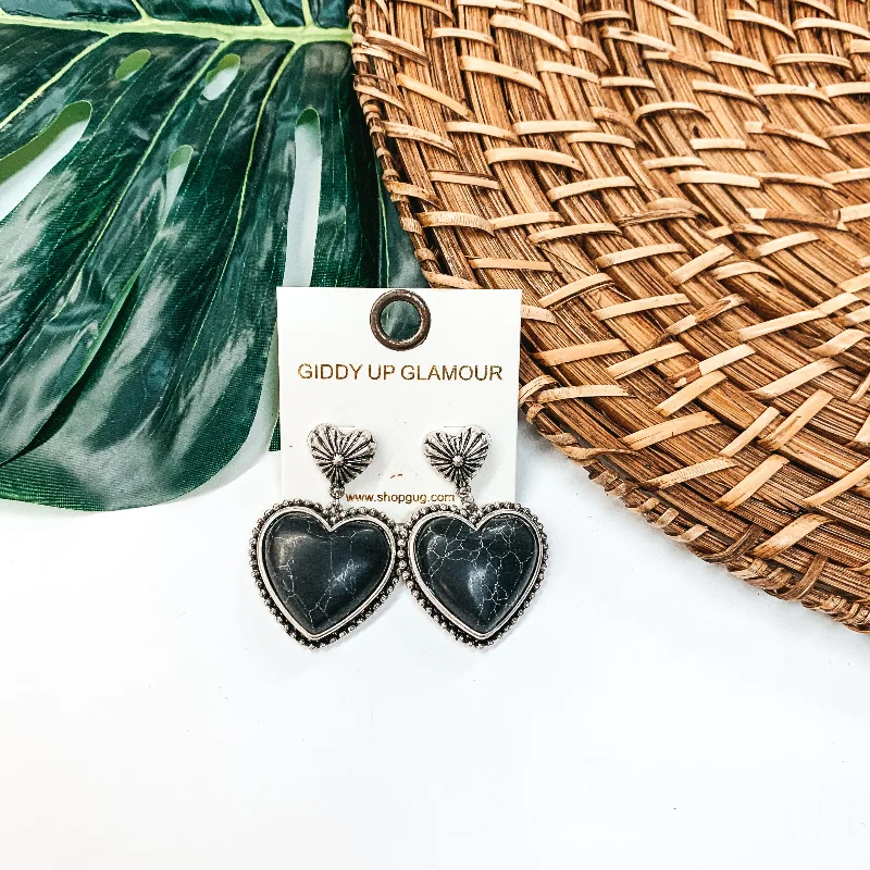 Best hoop earrings with crescent-shaped designs for a bold, moon-inspired style-Heart Stone Post Earrings in Black