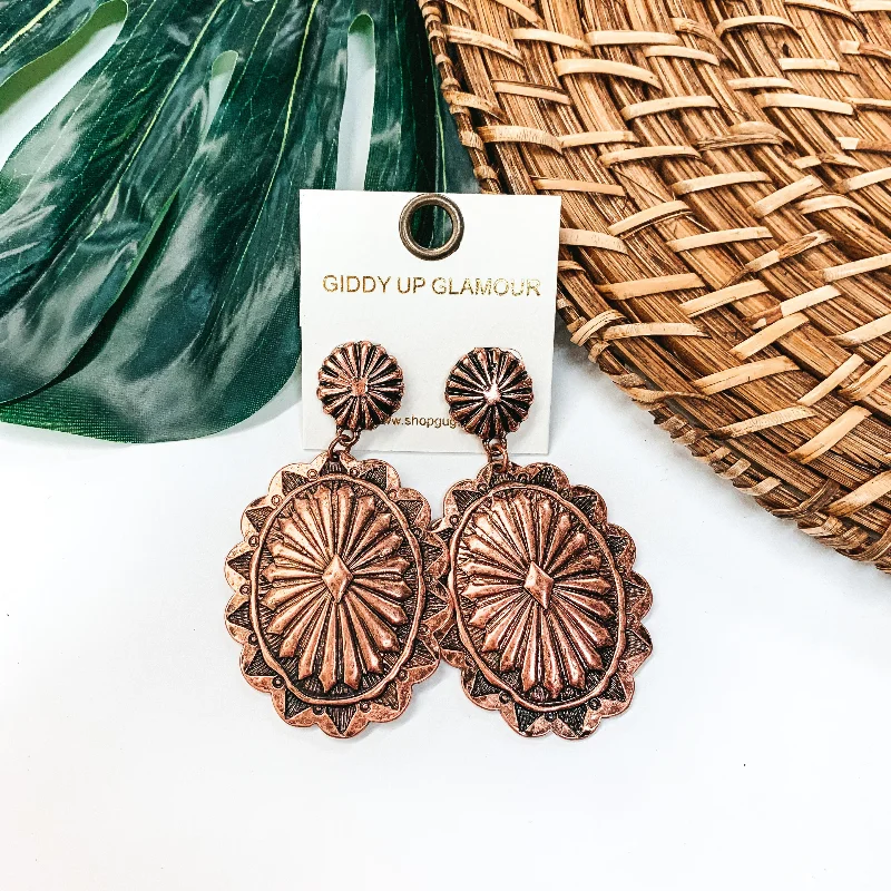 Best hoop earrings with vintage rhinestone embellishments for a retro-glam effect-Oval Concho Post Earrings in Copper Tone