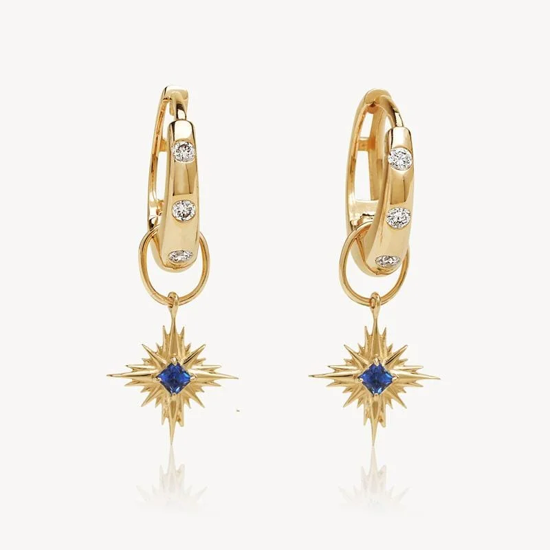 Best hoop earrings with baroque pearls for a luxurious and elegant vibe-Sapphire Starburst Charm Drop Huggies