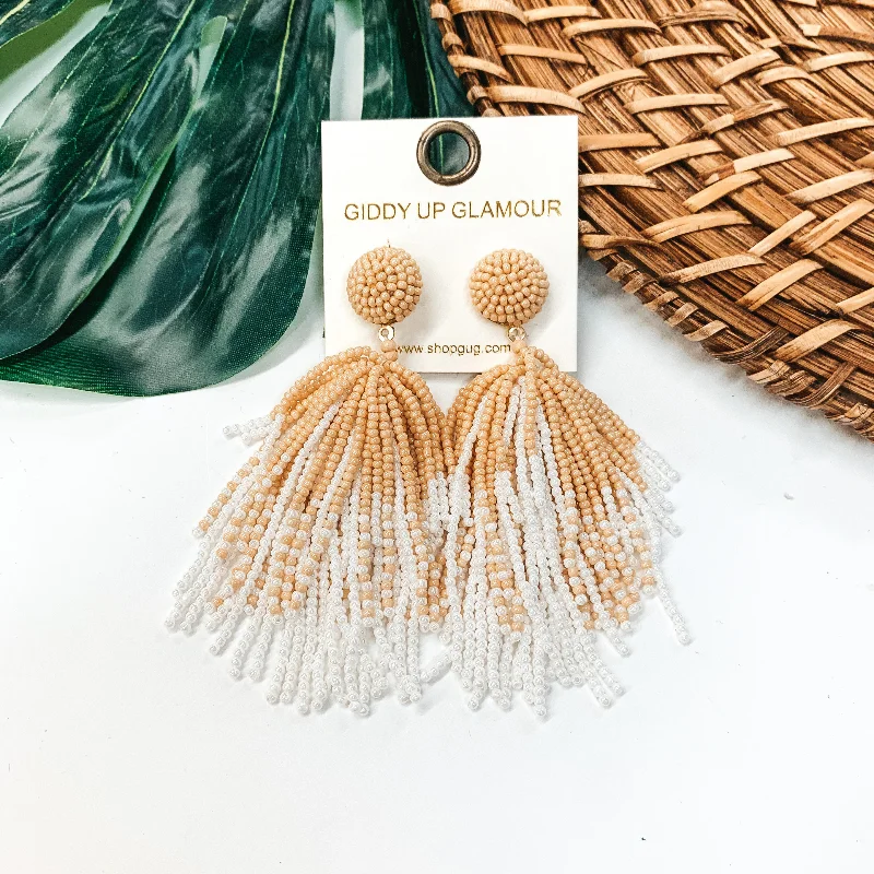 Hoop earrings with dangling charms for a playful and fun look-Seed Bead Tassel Earrings In White and Tan