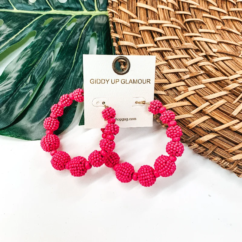 Best hoop earrings with geometric hexagon shapes for a modern, angular look-Seed Beaded Ball Hoop Earrings in Fuchsia