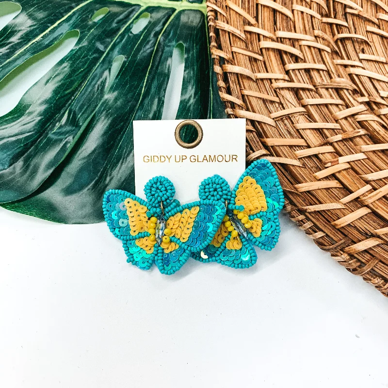 Hoop earrings with enamel stripes for a colorful and eye-catching design-Beautiful as a Butterfly Earrings in Turquoise and Yellow