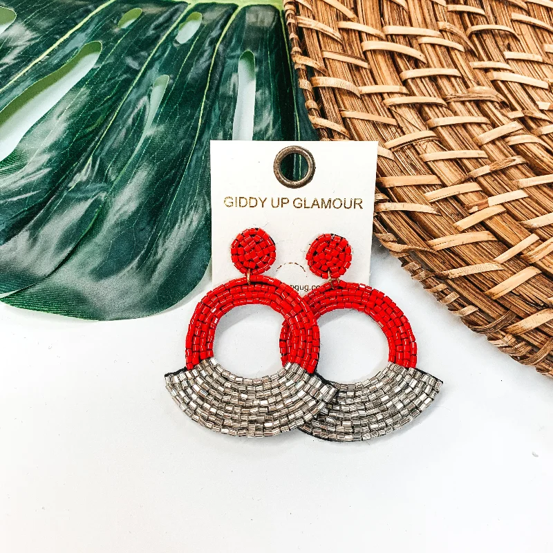 Hoop earrings with stacked layers for a bold and textured design-Seed Beaded Fan Post Earrings in Red and Silver