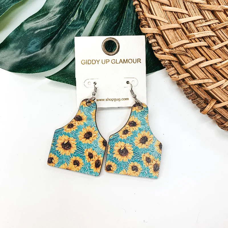 Hoop earrings with colorful beads for a fun and playful vibe-Sunflower Wood Ear Tag Earrings in Turquoise