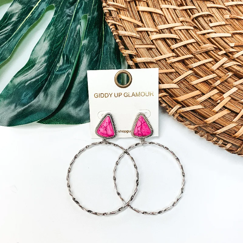 Best hoop earrings with marbled designs for a trendy and artistic effect-Triangle Stone Post Hoop Earrings in Pink