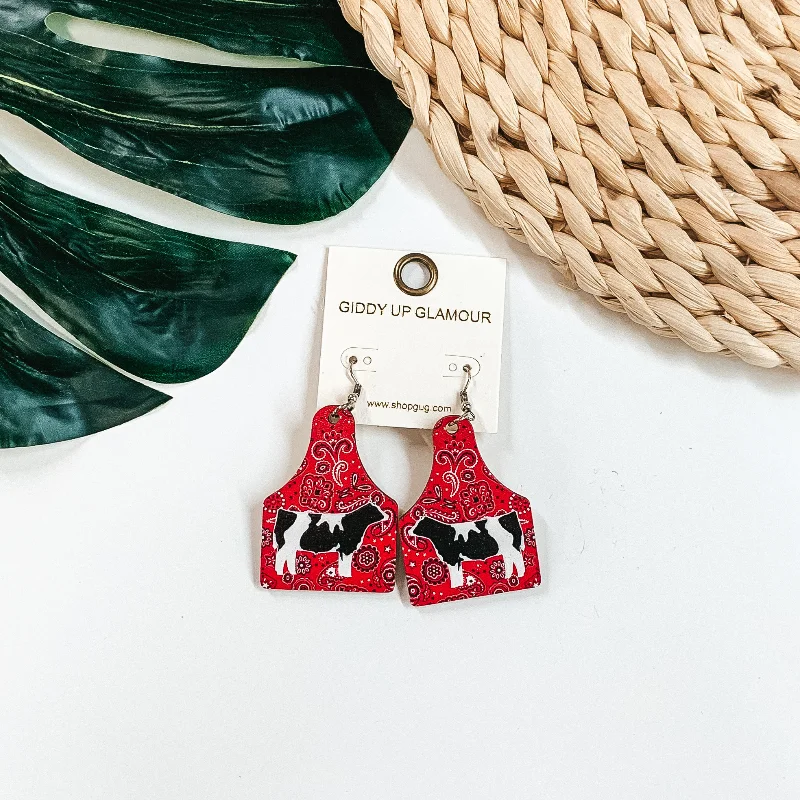 Hoop earrings with braided patterns for a detailed and textured finish-Wooden Cattle Tag in Red Paisley