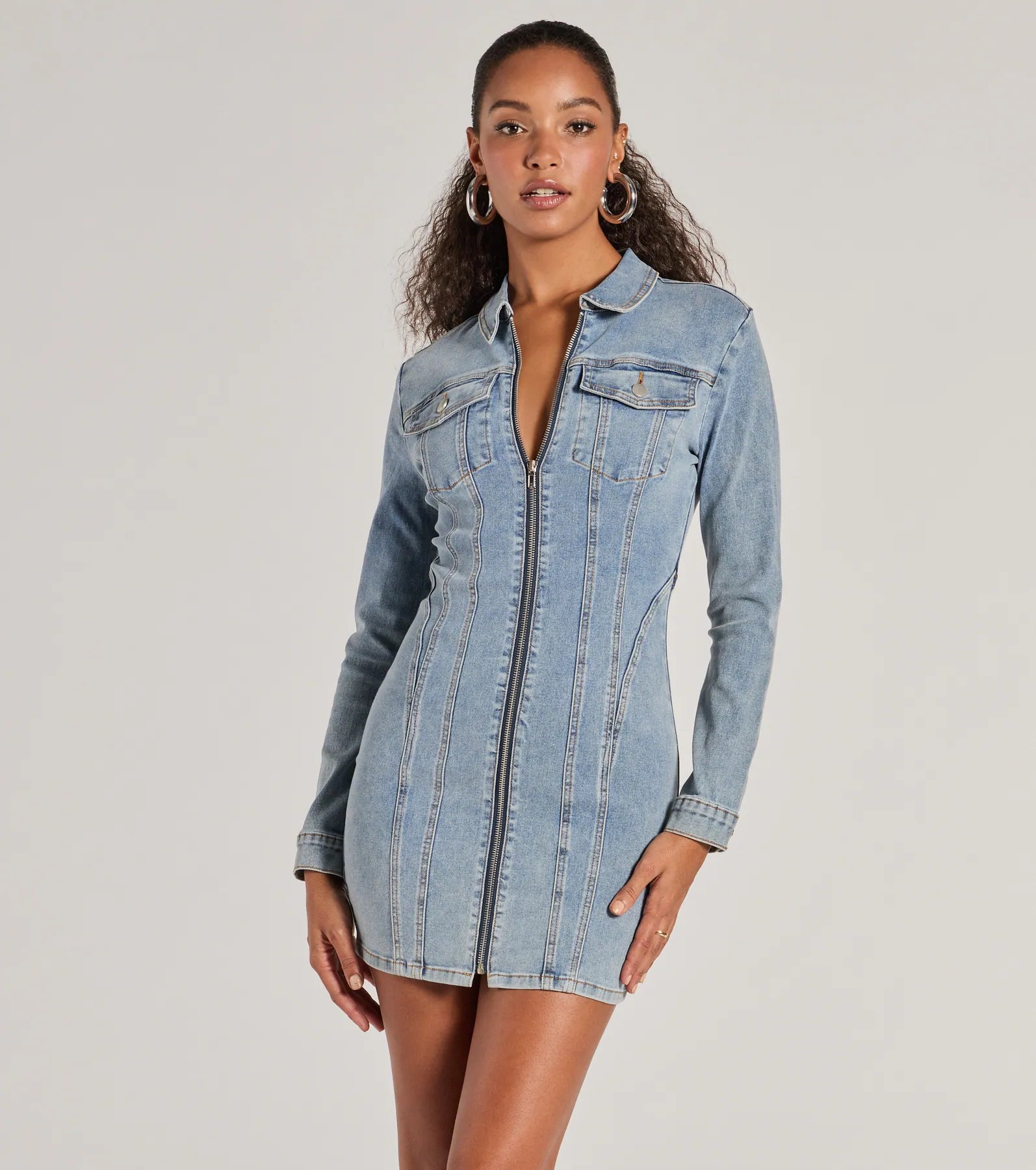 Best necklaces and pendants with intricate beadwork for a bohemian-inspired look-Sweet Looking Long Sleeve Denim Mini Dress