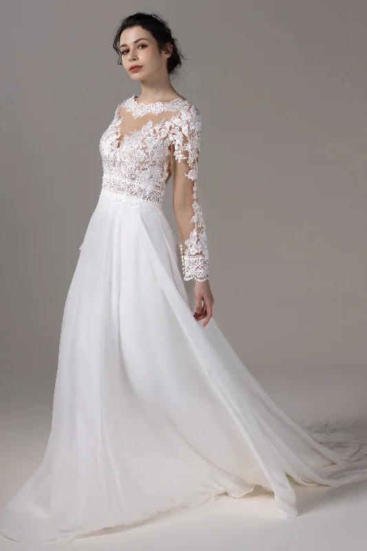 Beautiful necklaces and pendants with moonstone for an ethereal, mystical appearance-A-Line Chapel Train Lace Chiffon Wedding Dress CW2830