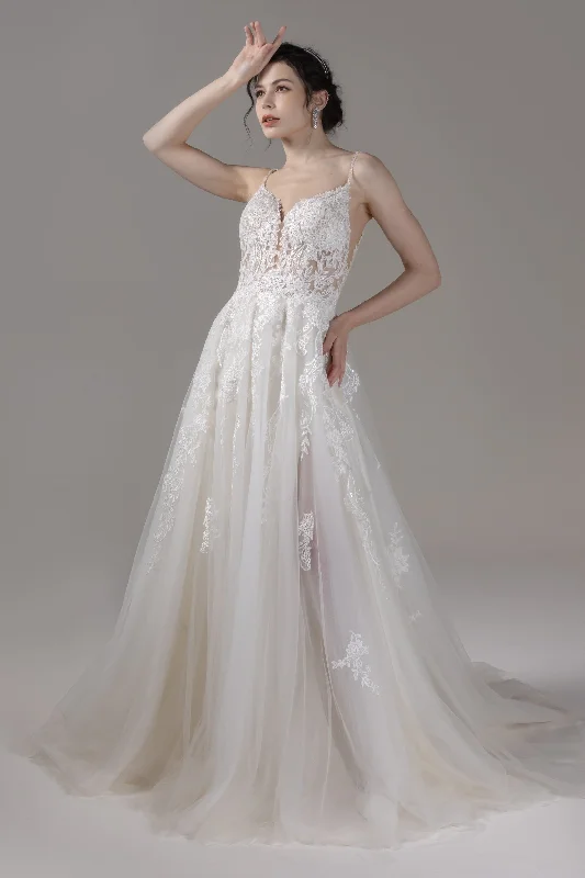 Necklaces and pendants with star-shaped designs for a whimsical, celestial touch-A-Line Court Train Lace Tulle Wedding Dress CW2798