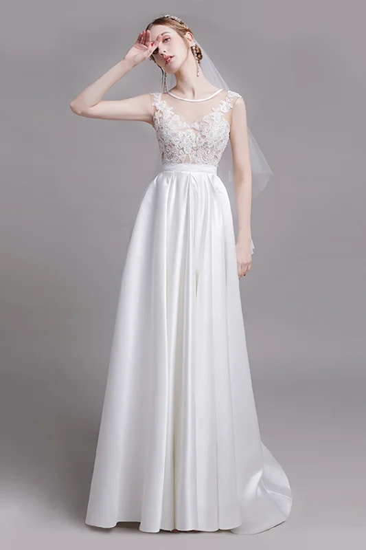 Unique necklaces and pendants with vintage-inspired designs for timeless appeal-A-Line Floor Length Lace Satin Wedding Dress CW2728