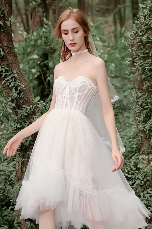 Elegant necklaces and pendants with gold chains for a chic, timeless appearance-A-Line High-Low Lace Tulle Wedding Dress CW2732