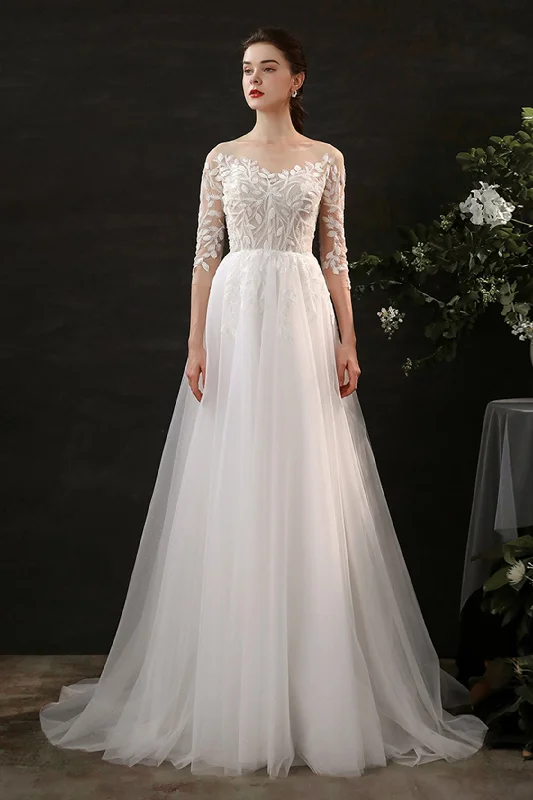 Unique necklaces and pendants with artistic shapes for a creative, one-of-a-kind design-A-Line Sweep-Brush Train Lace Tulle Wedding Dress CW2703