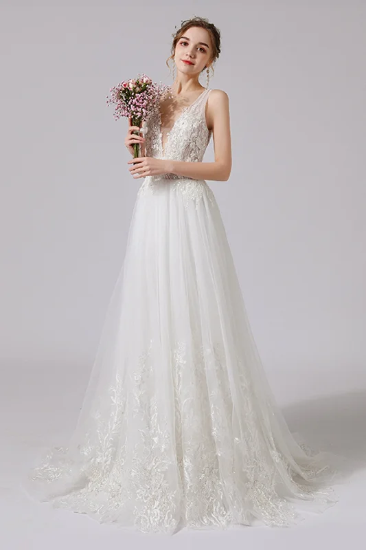 Personalized necklaces and pendants with coordinates for a meaningful location-based gift-A-Line Sweep-Brush Train Lace Tulle Wedding Dress CW2709