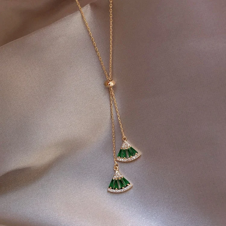 Necklaces and pendants with star-shaped designs for a whimsical, celestial touch-green zircon crystal fan shaped geometric necklace pendant