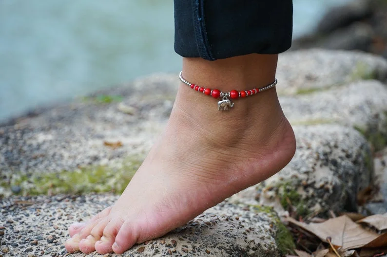 Necklaces and pendants with engraved messages for a deeply personal, sentimental gift-Red Elephant Pendant Boho Silver Anklet